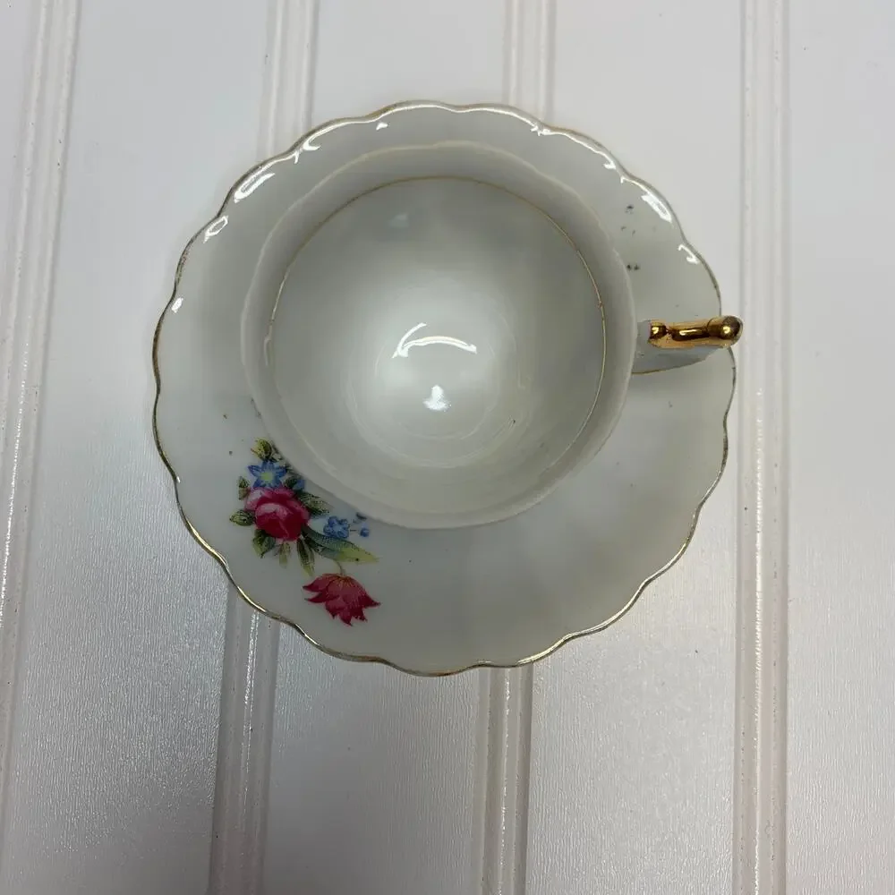 Demitasse Vintage Tea Cup Set Made in Occupied Japan Pink Roses Gold Trimmed